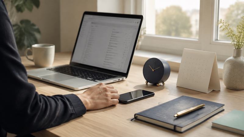 Eine Person wartet an einem Schreibtisch neben Laptop, Telefon und Uhr auf eine Antwort
