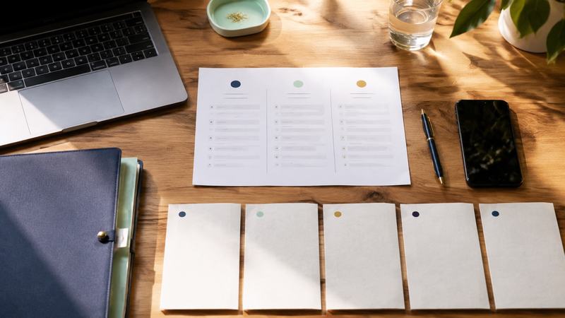 Bewerbungsunterlagen, Laptop und Telefon sind zu einer klaren Übersicht geordnet